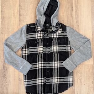 Hollister Men’s Large Hooded Flannel Shacket • Black Gray Plaid • Long Sleeve